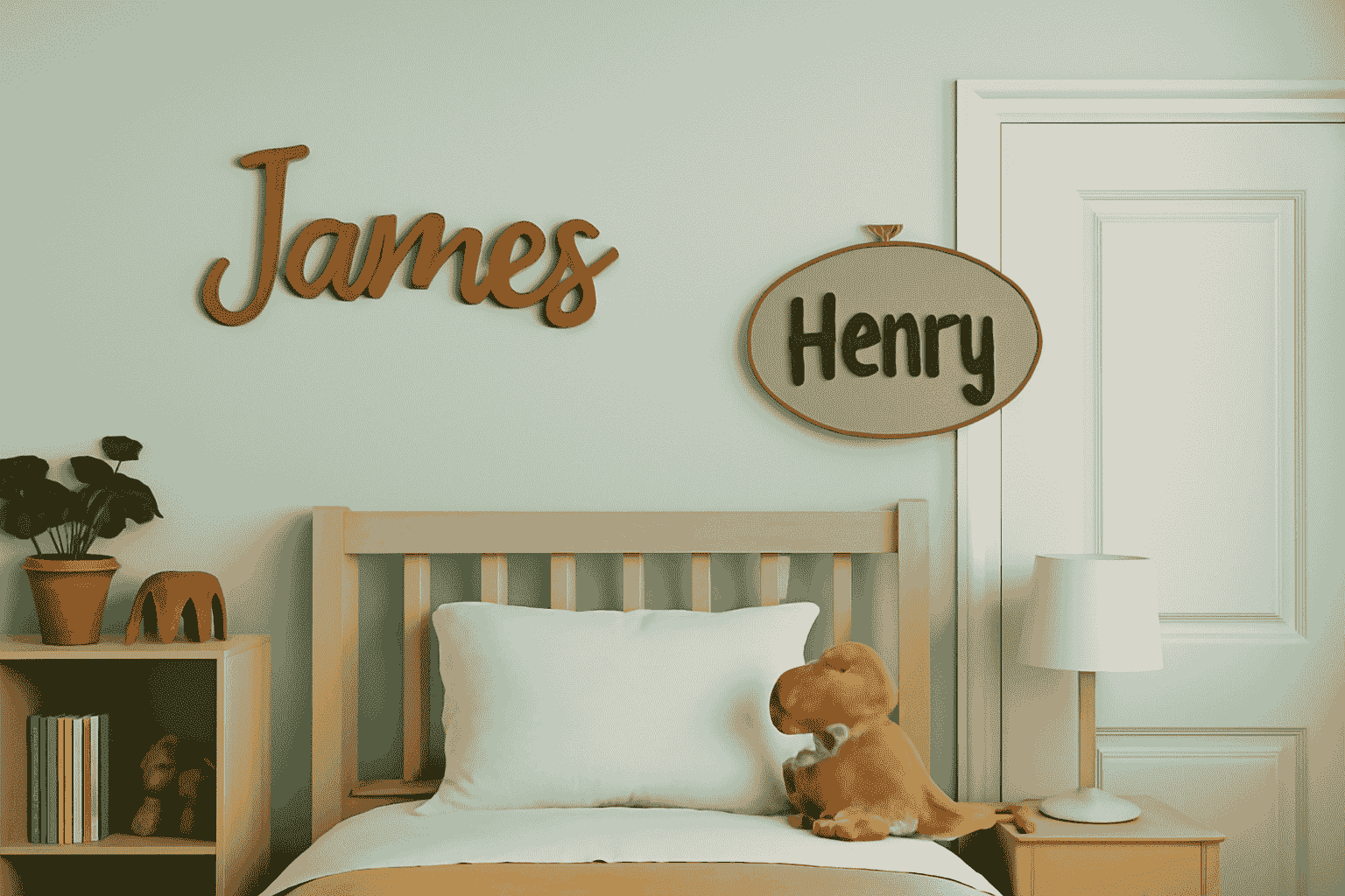 Wooden and fabric name signs in a pastel kid’s room with a plush dinosaur