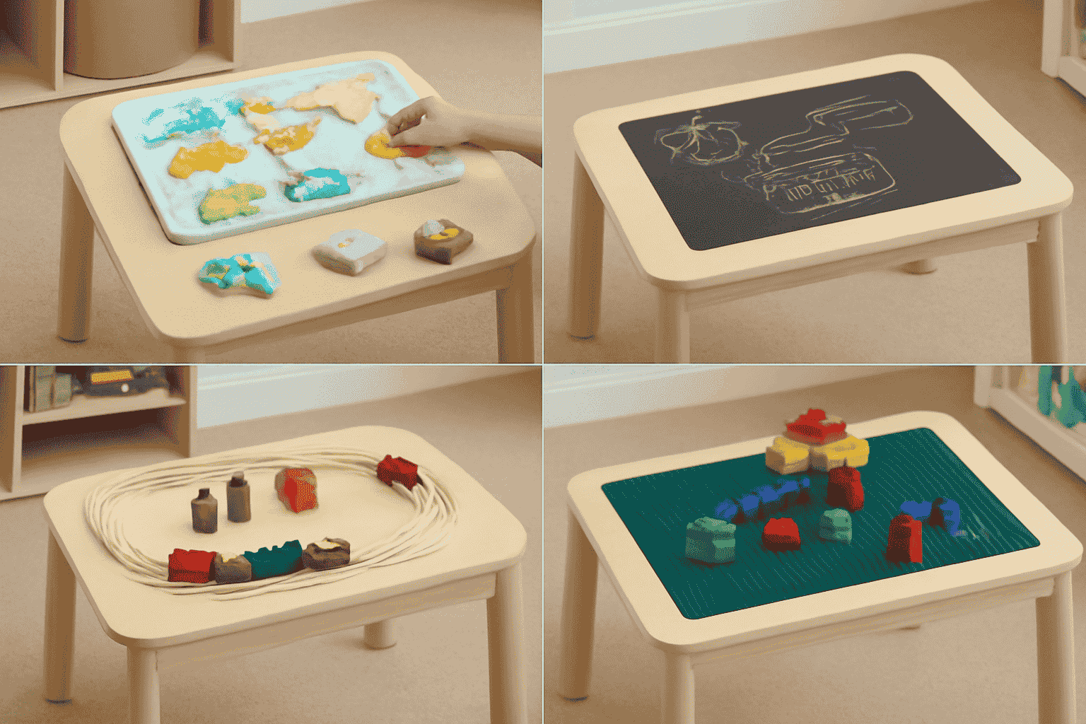 Wooden interactive play tables with puzzles and chalkboards in the kids’ room