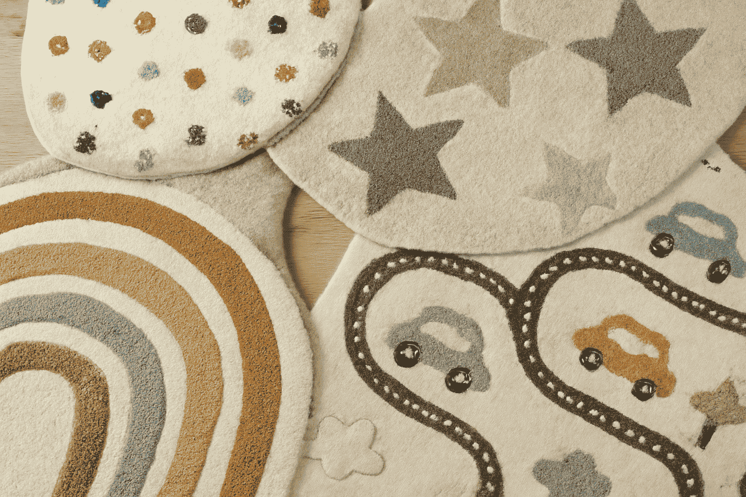 Playful patterned soft rugs for kids' room with warm, muted tones