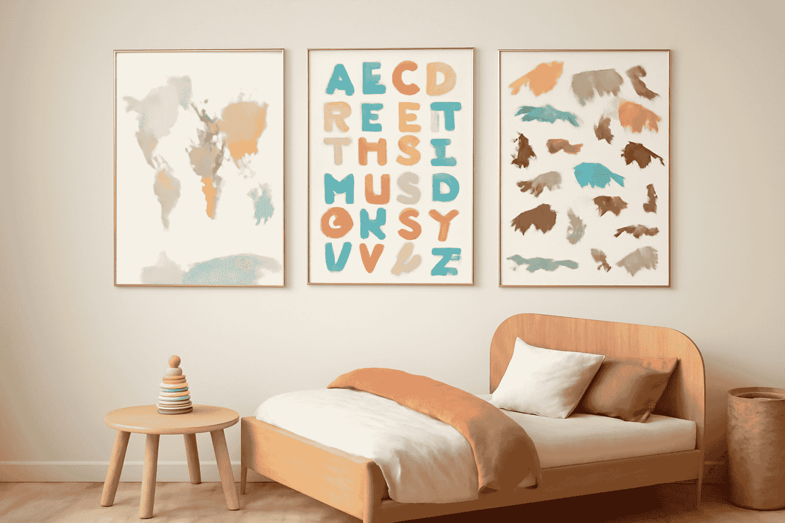 Modern educational kids’ room with pastel posters, wooden furniture, and playful décor