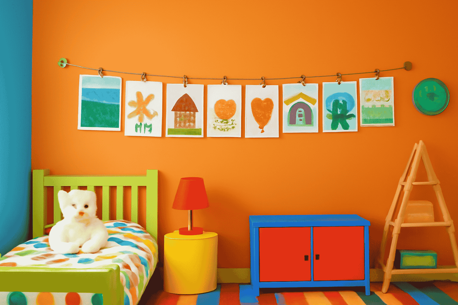 Colourful children's bedroom with vibrant walls, playful furniture, and wire art display