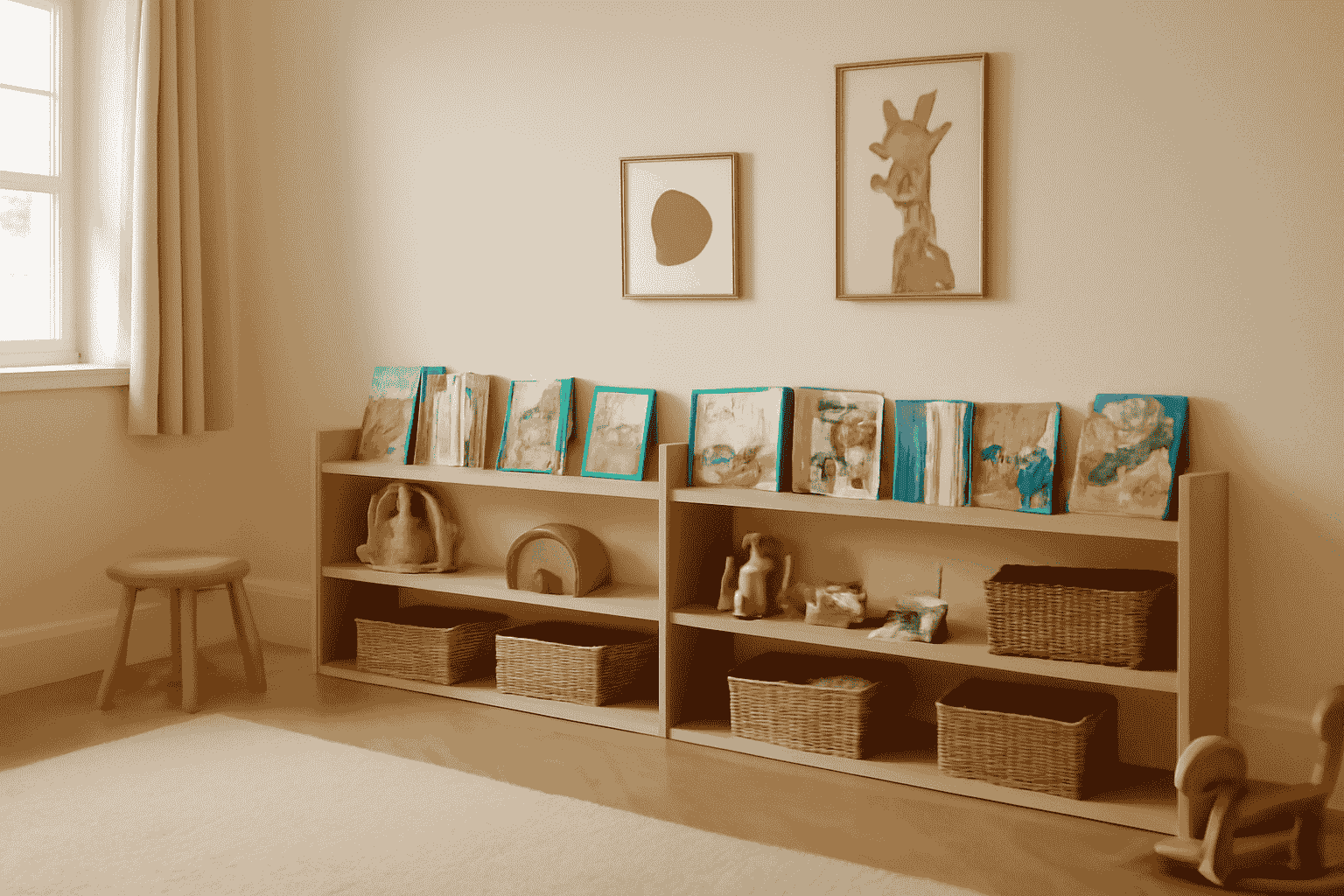 Minimalist open shelving in a kid’s room with neutral tones and wicker baskets