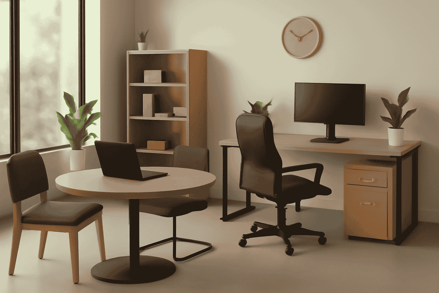 Circular design with light-toned upcycled furniture, green plants, and minimalist accessories, creating a harmonious and sustainable workspace