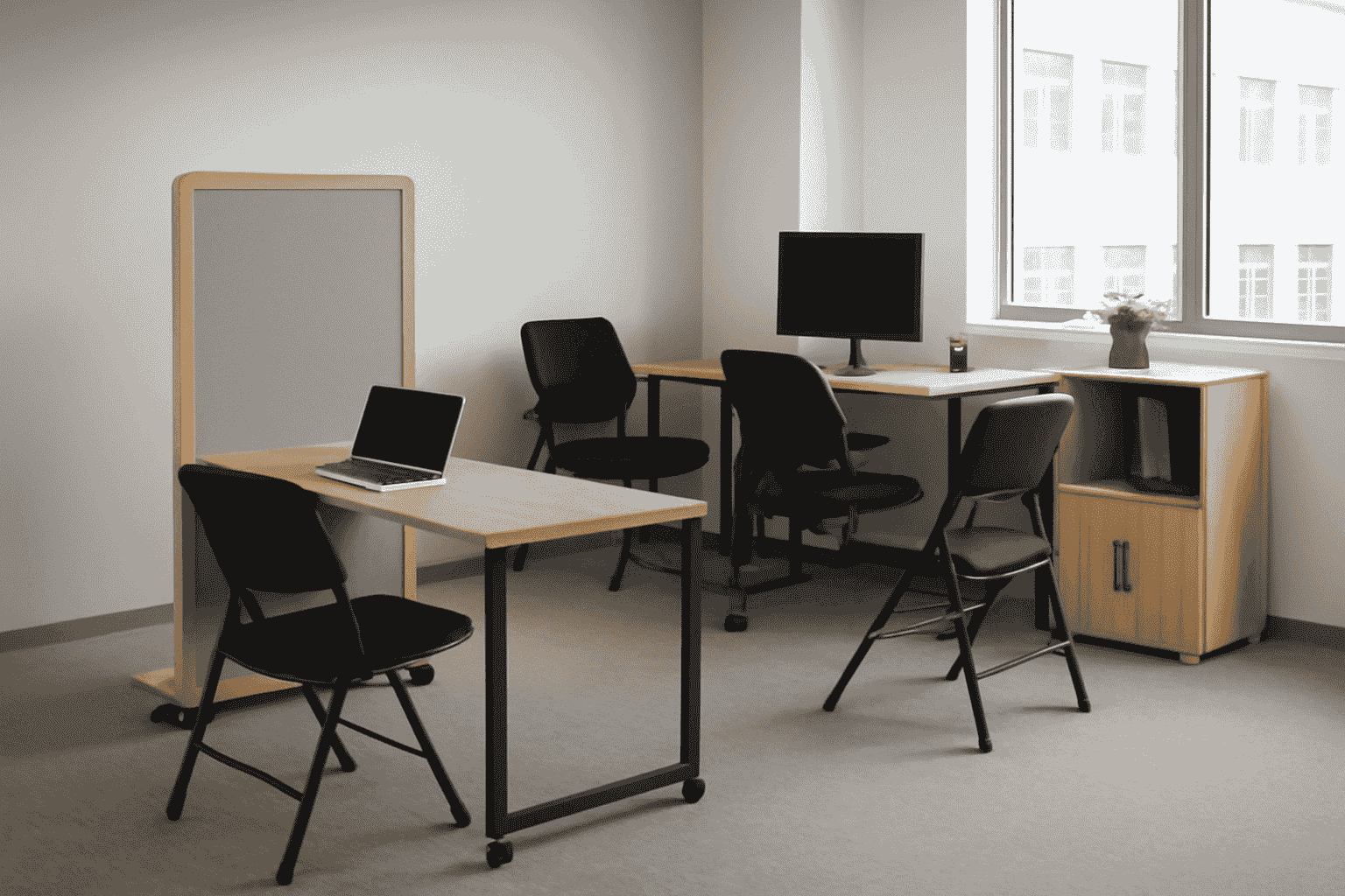 The multifunctional office features light wood desks, black metal frames, and a mobile partition