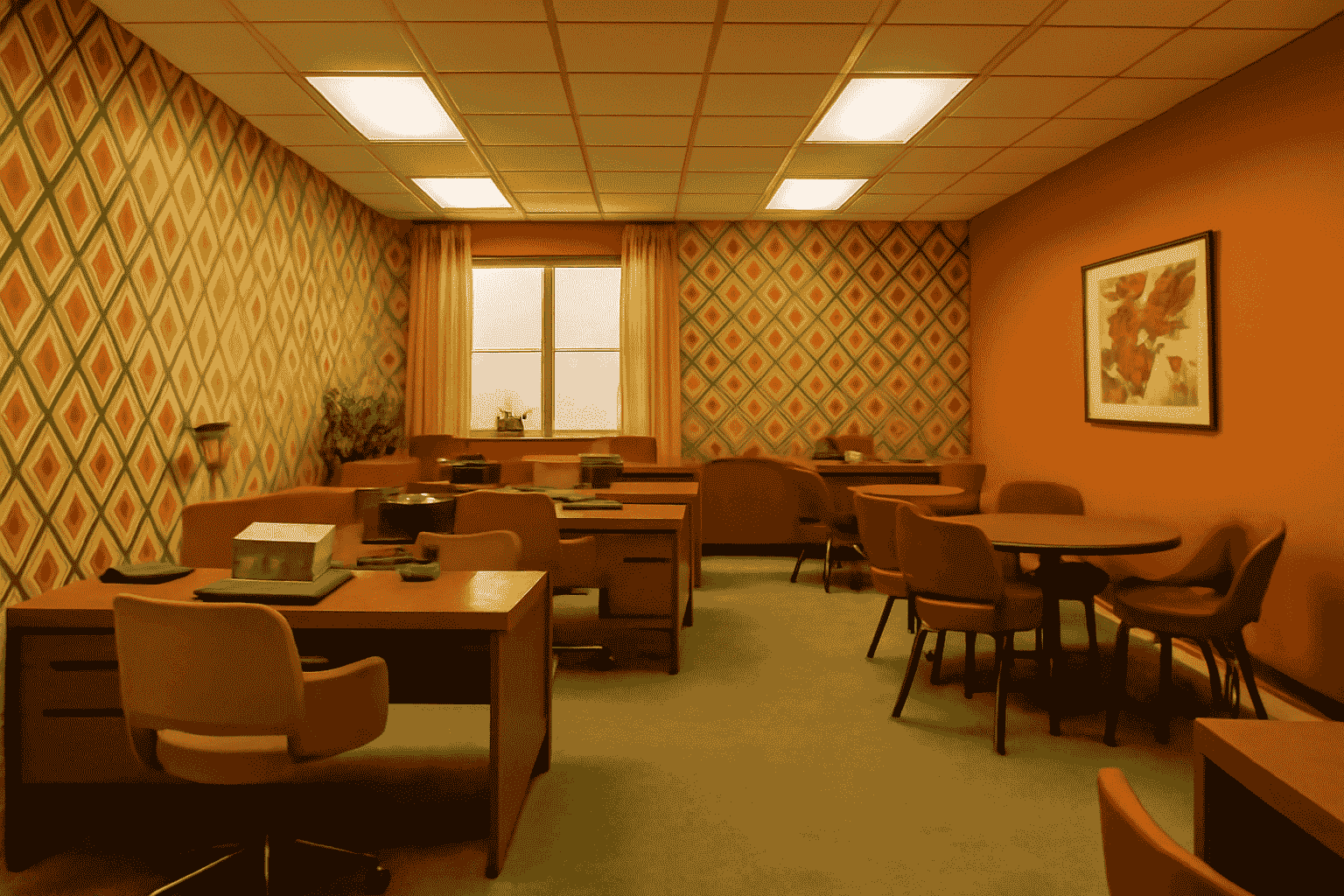 Retro design with patterned walls, orange furniture, and fluorescent ceiling lights in an office room