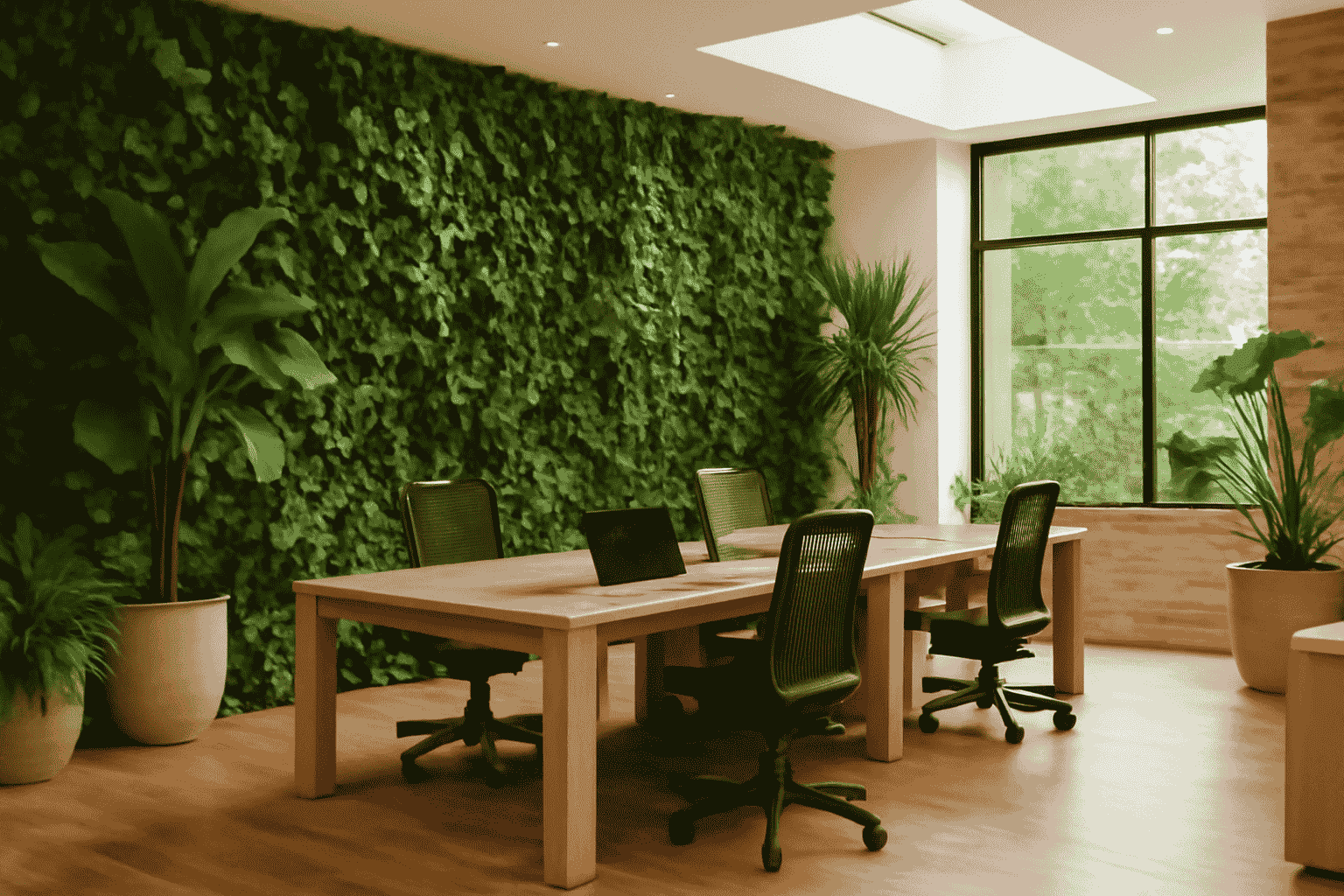 The office features biophilic design with greenery, wood, and stone, complemented by natural light and a living wall