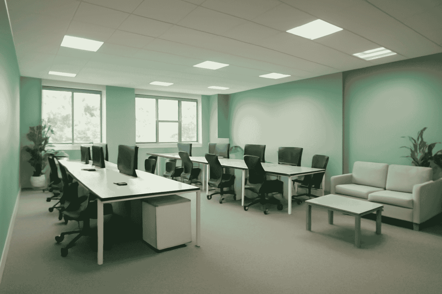 Contemporary minimalist office design with sage green walls, light grey carpet, ergonomic chairs, and vibrant greenery