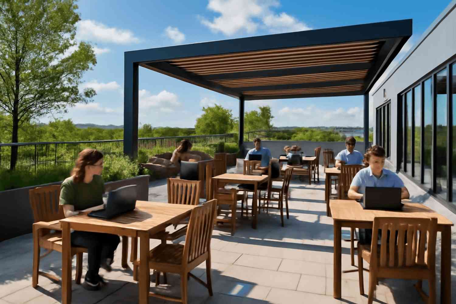 Rooftop lounge design with wooden tables, greenery, and metal railing for an outdoor office