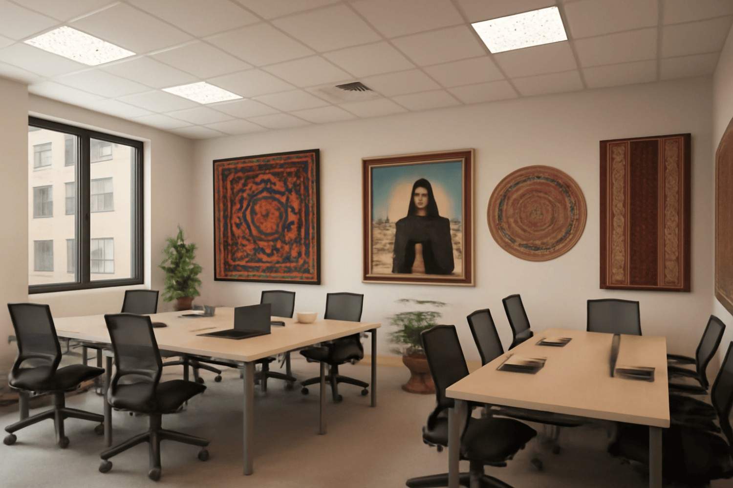 Modern office design with cultural diversity, vibrant art, neutral tones, and framed textiles