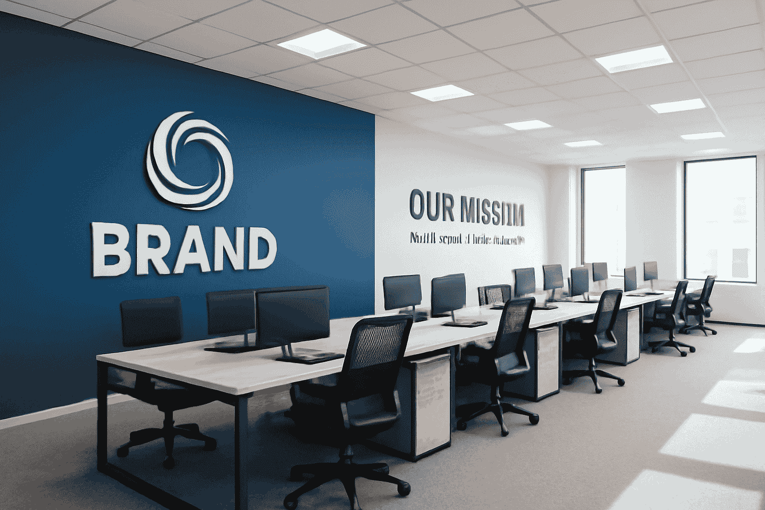 Modern office design with "BRAND" logo, blue, white, and grey accents, ergonomic desks
