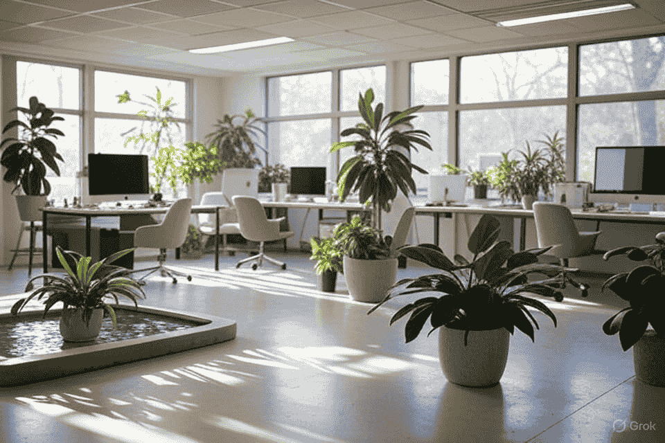 Modern office design with minimalist decor, greenery, natural light, water feature, and sleek furniture