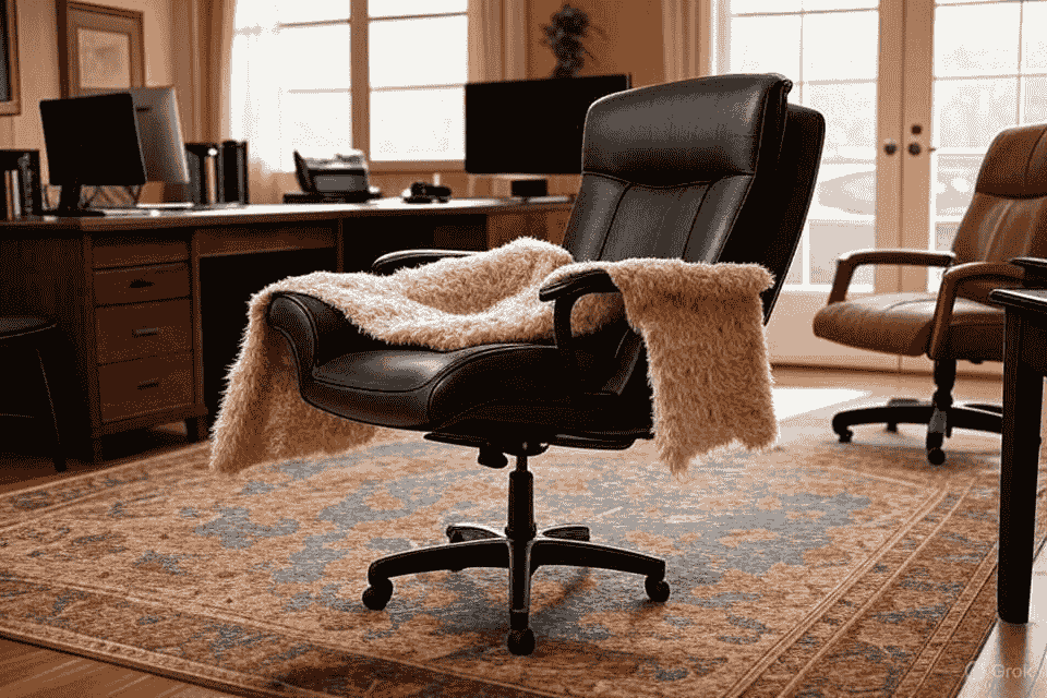 Victorian-style home office featuring a black leather chair with a cozy throw