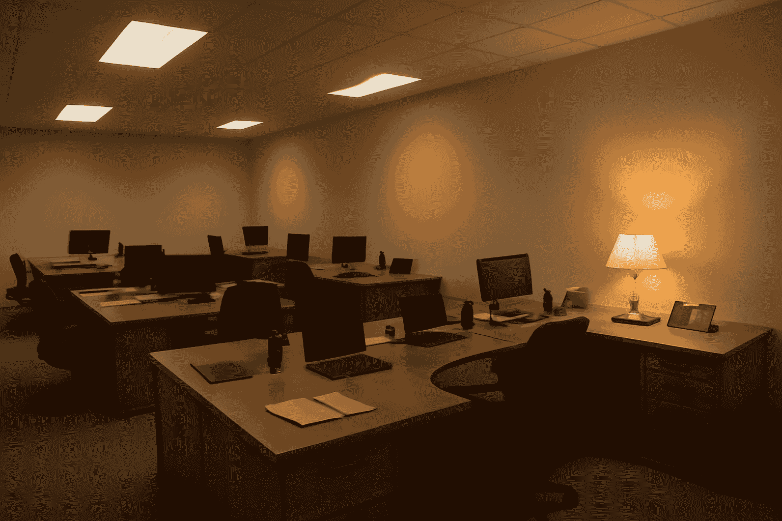 Modern corporate office room with warm wooden furniture, black chairs, and soft ambient lighting