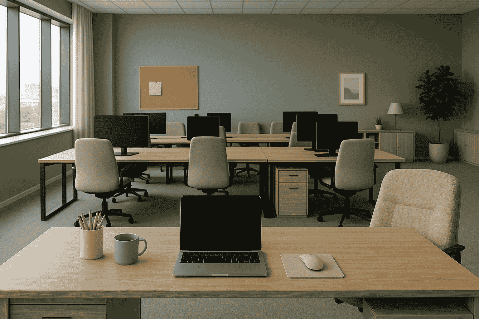 This functional modern office features light wood desks and ergonomic chairs with green walls and subtle decor