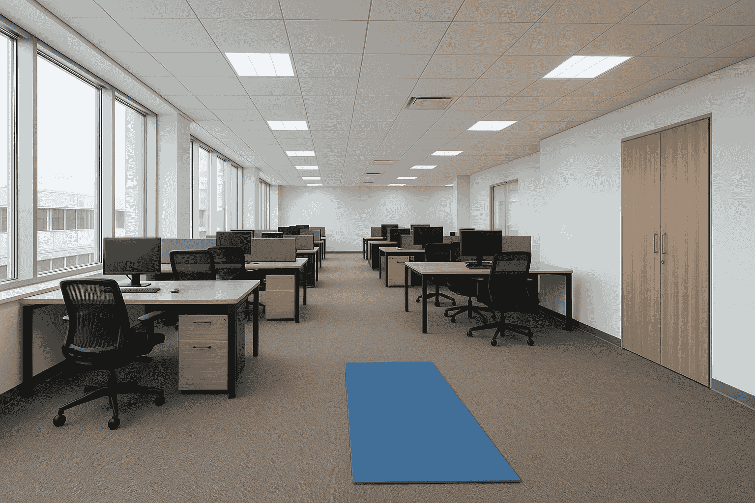 This contemporary open-plan office features light wood desks, black chairs, and a striking blue mat