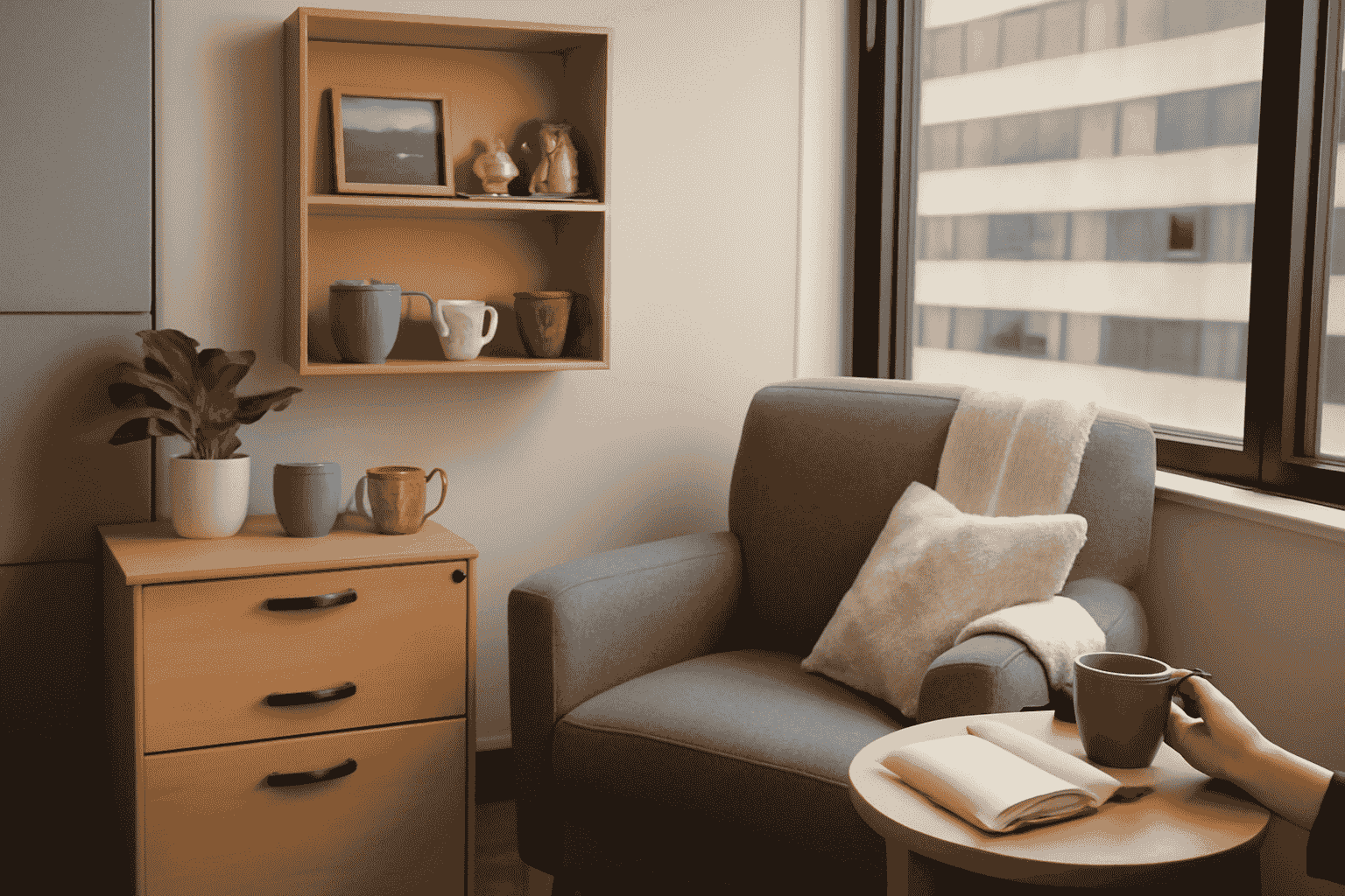 This cozy office room features a grey recliner with natural wood furniture and blue accents.