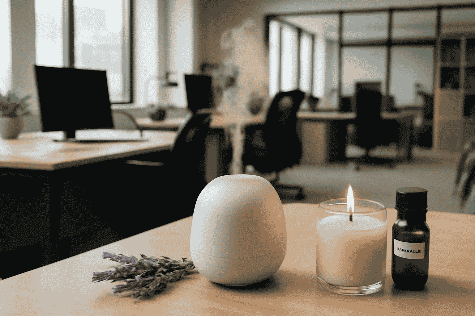 This minimalist office setup includes an aroma diffuser, scented candle, and lavender for a calming ambiance