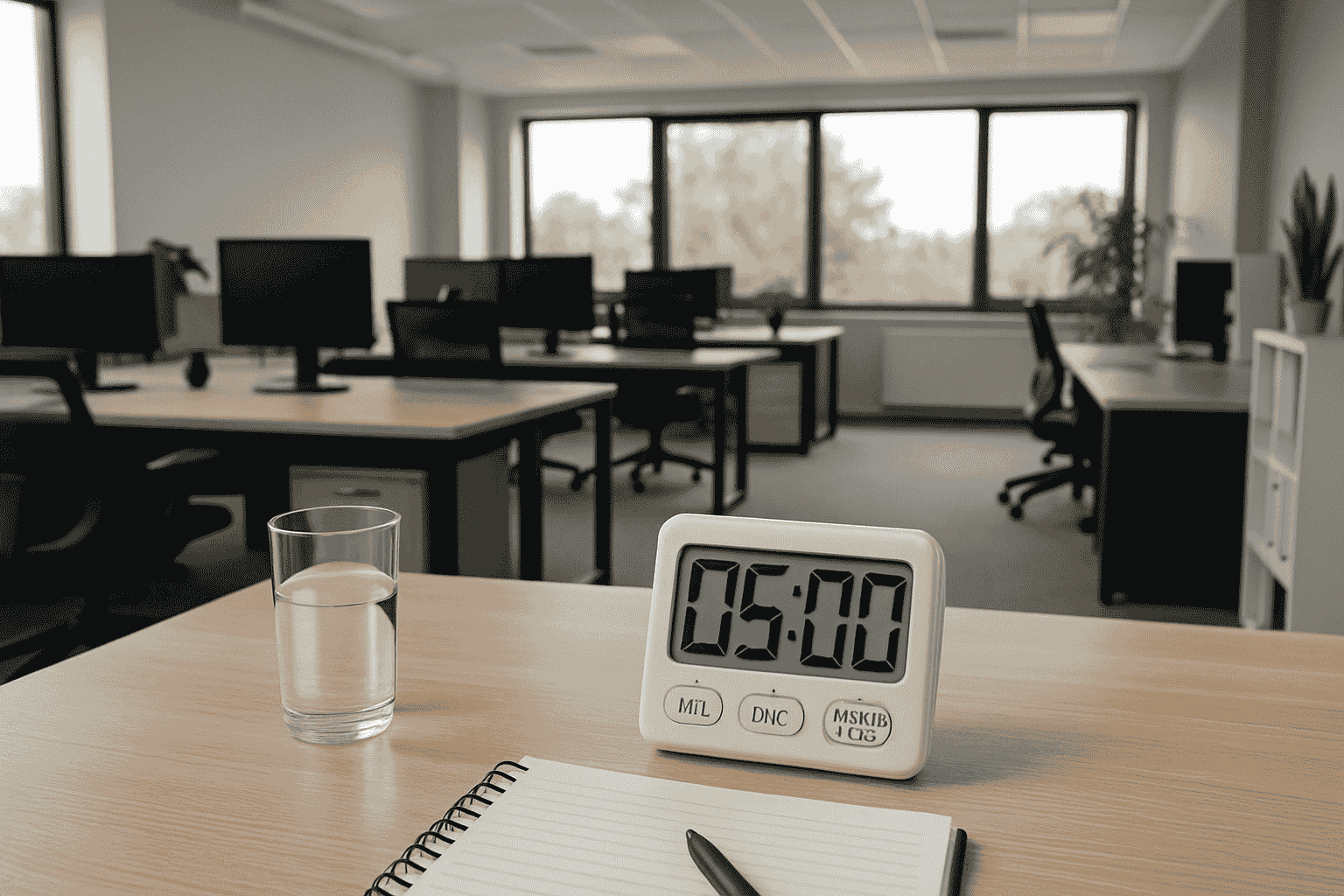 This minimalist office space features light wood desks and black chairs with a digital timer highlighting productivity