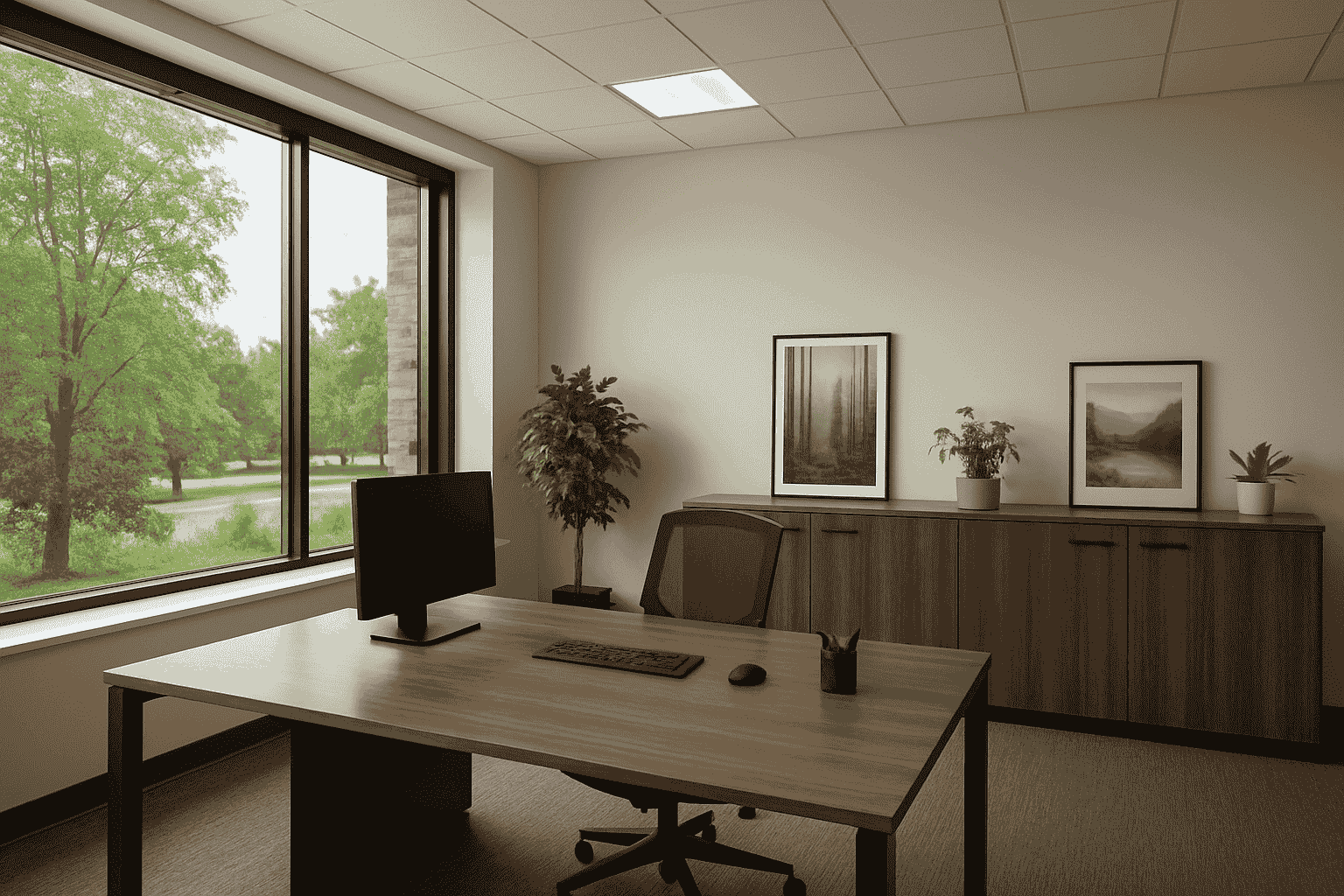 This contemporary office features a dark wood desk, black chair, and matching credenza with nature-themed art