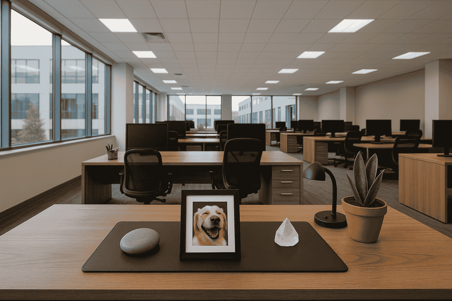 This functional modern office features light wood desks with black chairs and a cheerful framed dog photo