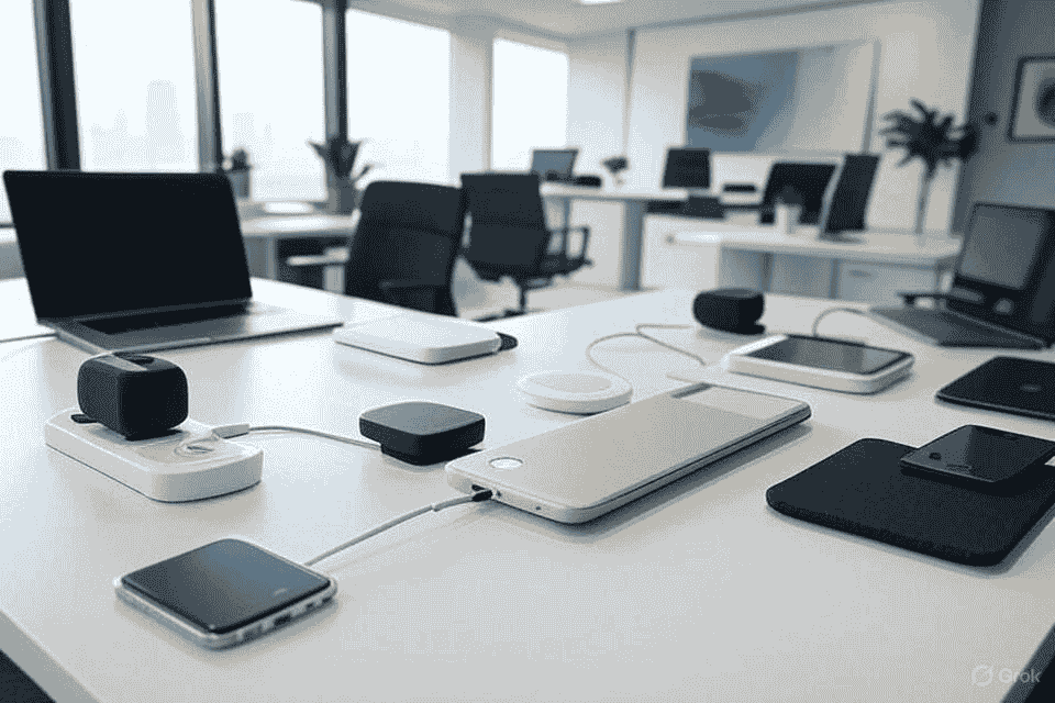 Contemporary tech office with white and black charging accessories, highlighting sleek organizational design