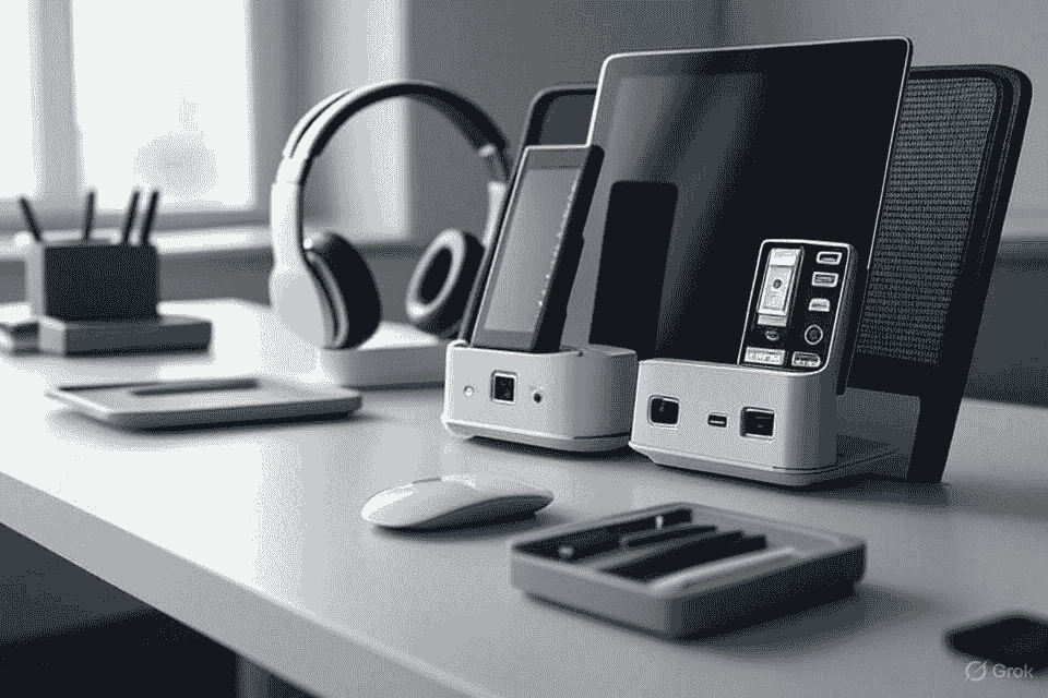 Contemporary office desk with white and black electronics, highlighting a multi-device charging station