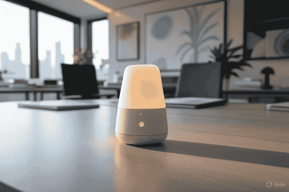 Modern and minimalist white Mia diffuser illuminates a contemporary office space
