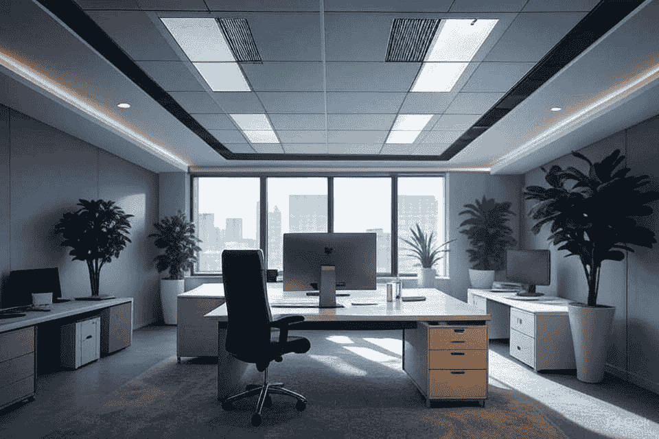 Contemporary executive office with light wood and white furniture, highlighting sleek ceiling lights
