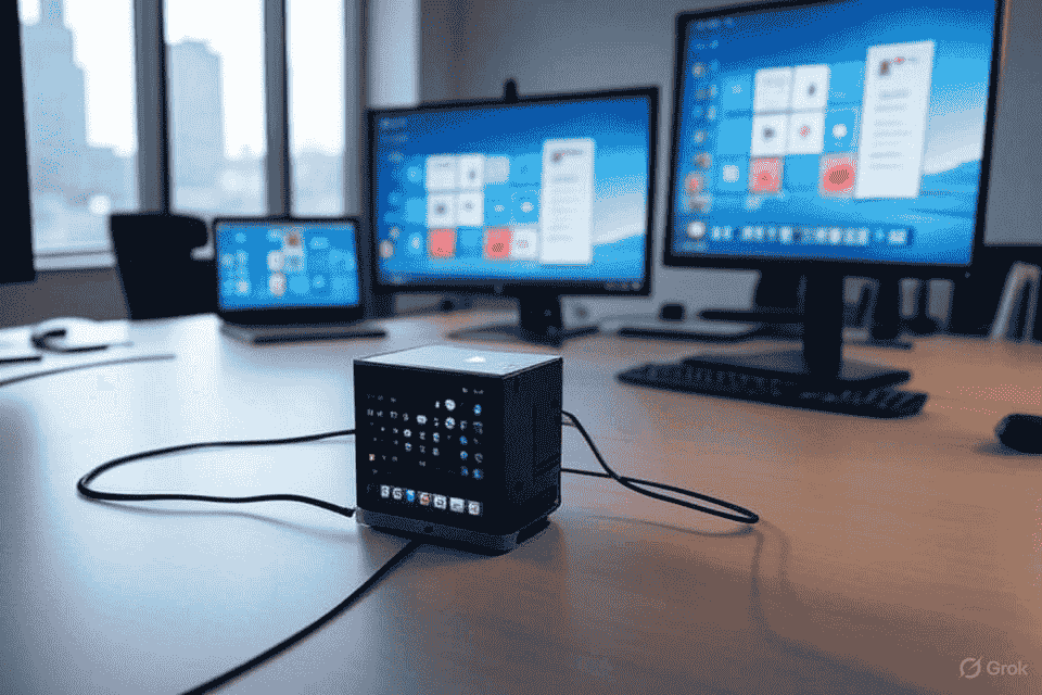 Modern tech workspace with a black and white mini PC, highlighting a compact desktop setup