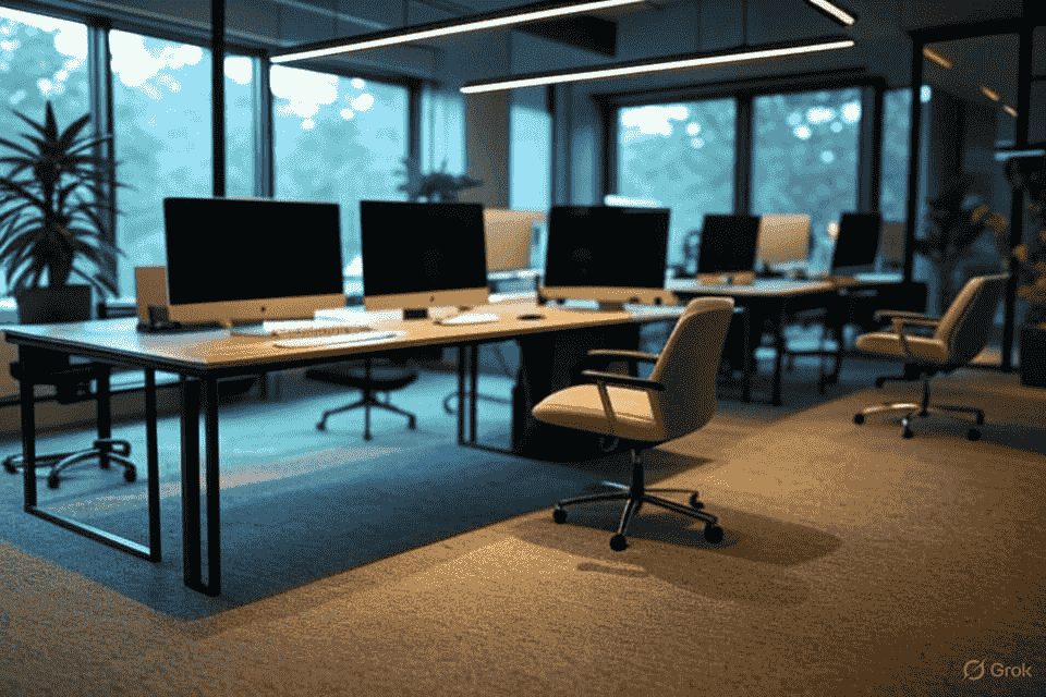 Modern open-plan office with light wood desks and black chairs, highlighting multiple workstations