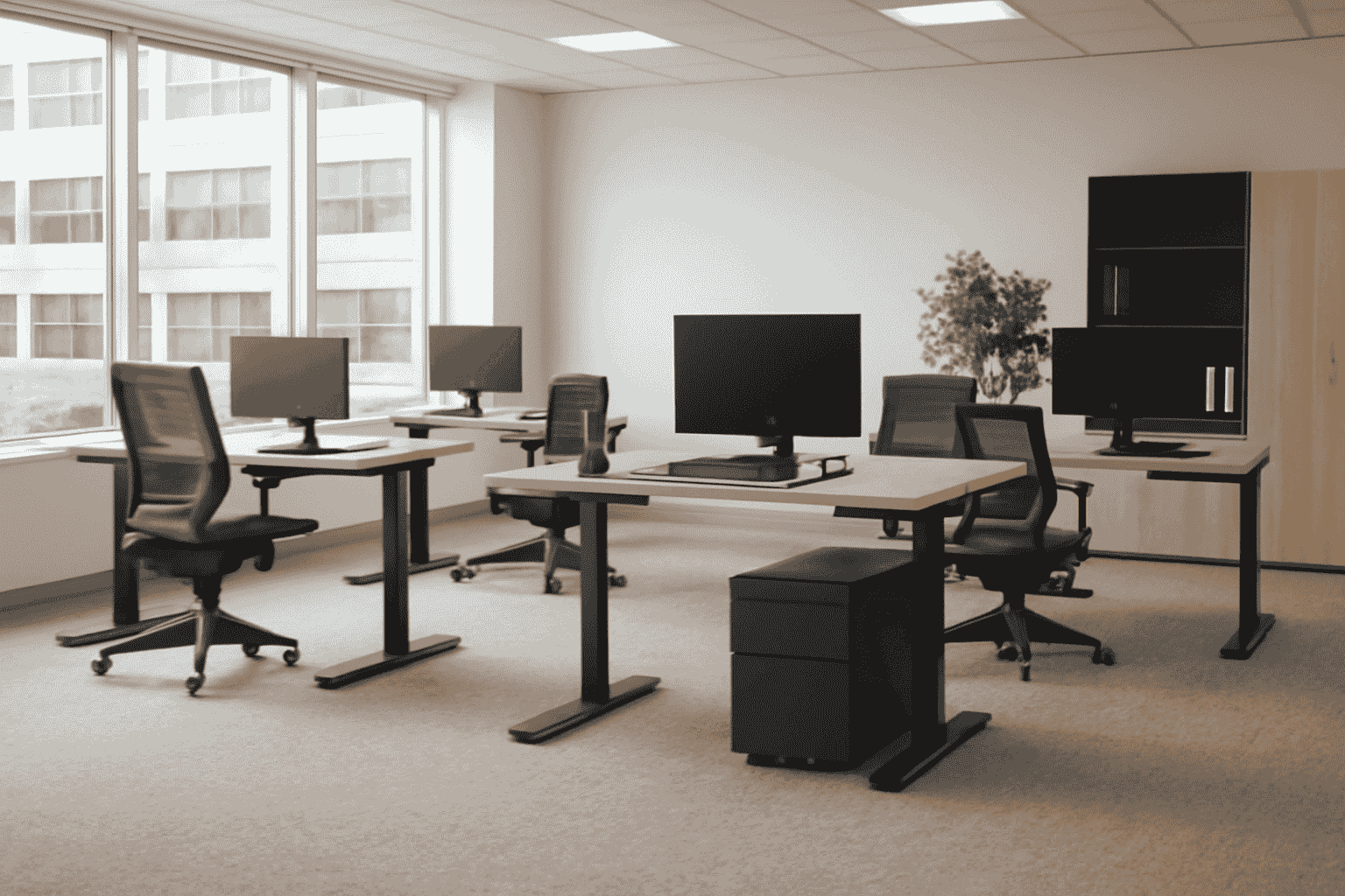 Modern ergonomic office with black and wooden furniture, highlighting adjustable standing desks.