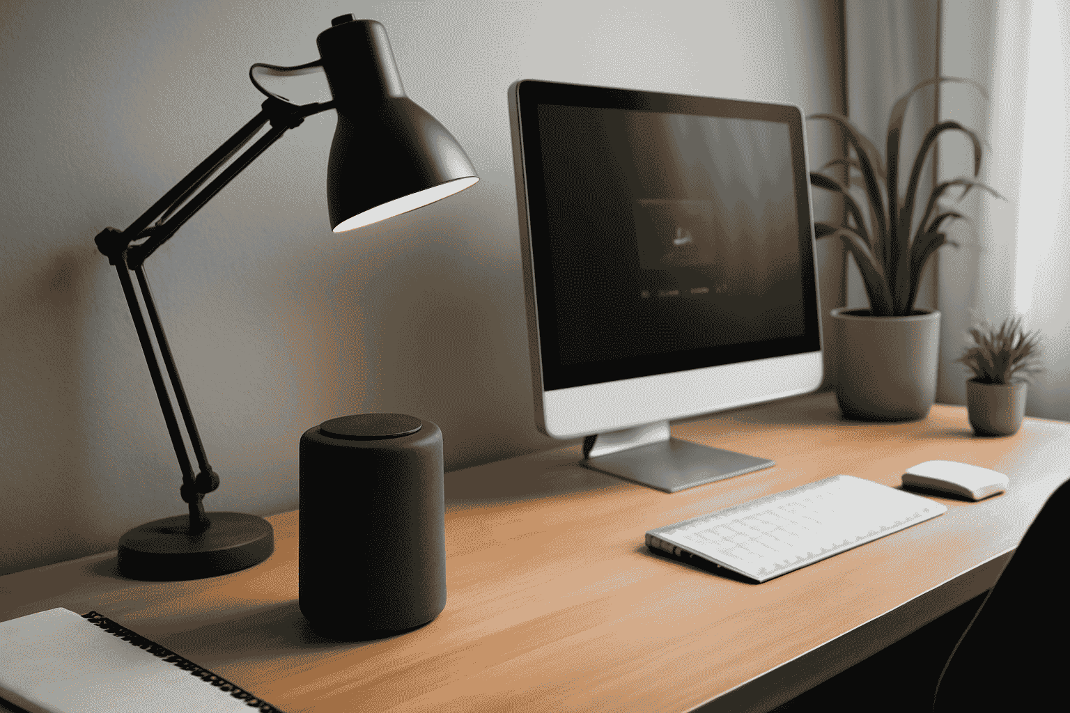 Contemporary desk setup with black lamp and speaker, featuring a monitor in a minimalist room