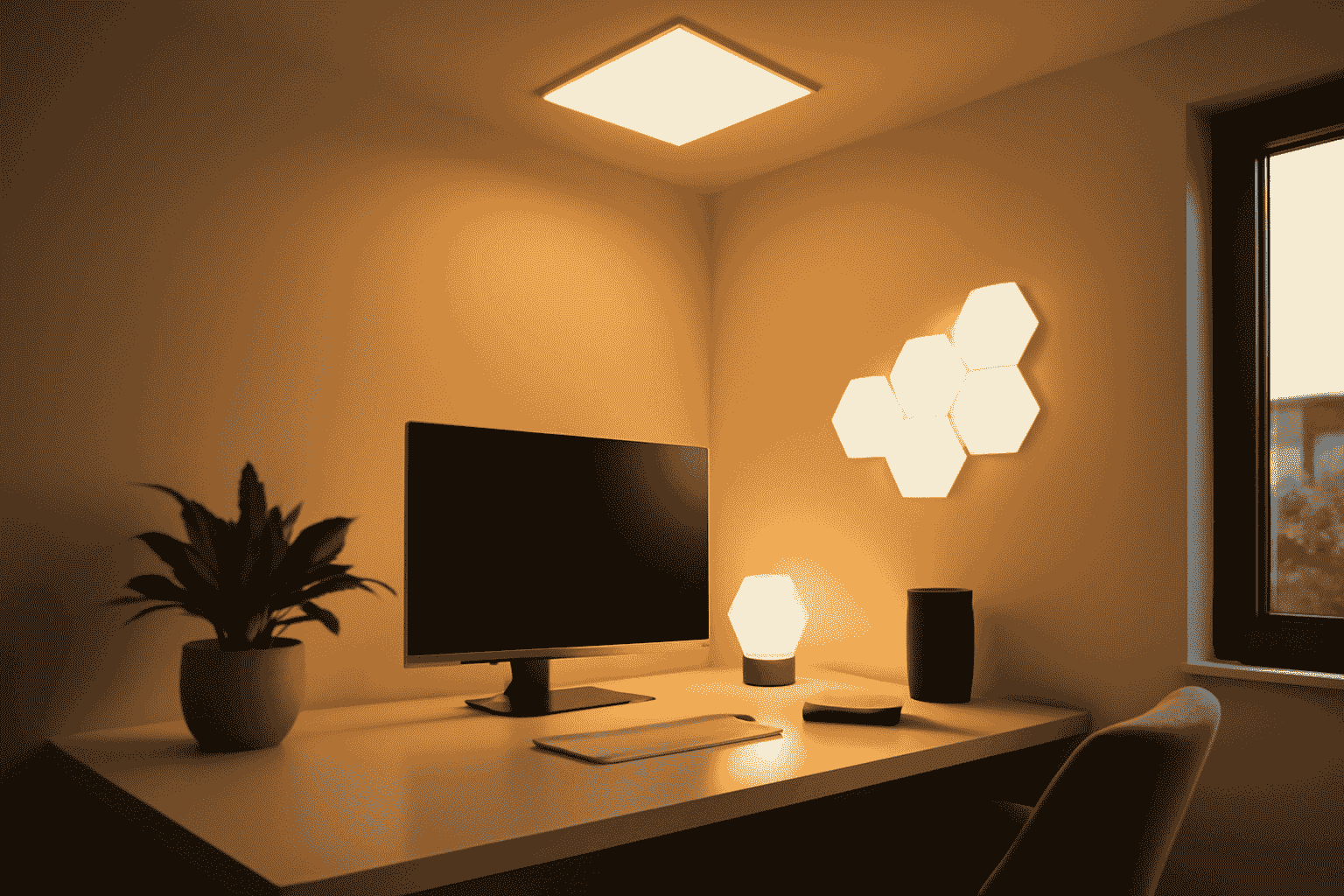 Modern minimalist home office with warm ambient lighting, featuring a monitor and hexagonal wall lights.