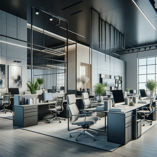 This contemporary office features an open-plan layout with grey furniture, black accents, and green plants.