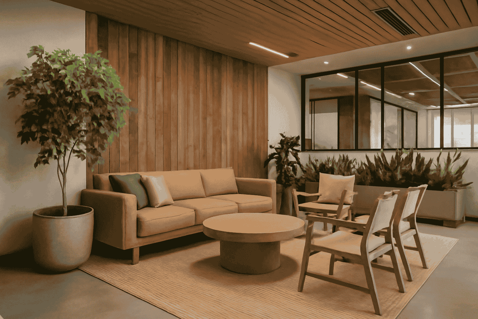 Warm office lounge features a brown sofa, wooden accents, lush green plants, and sustainable biophilic design