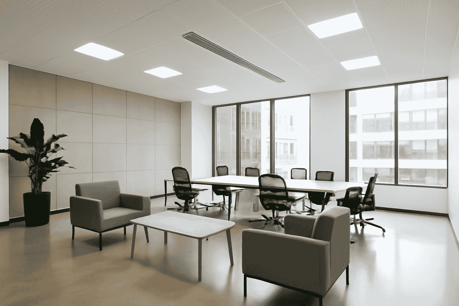 A modern, open-plan office with grey workstations, black accents, and green plants