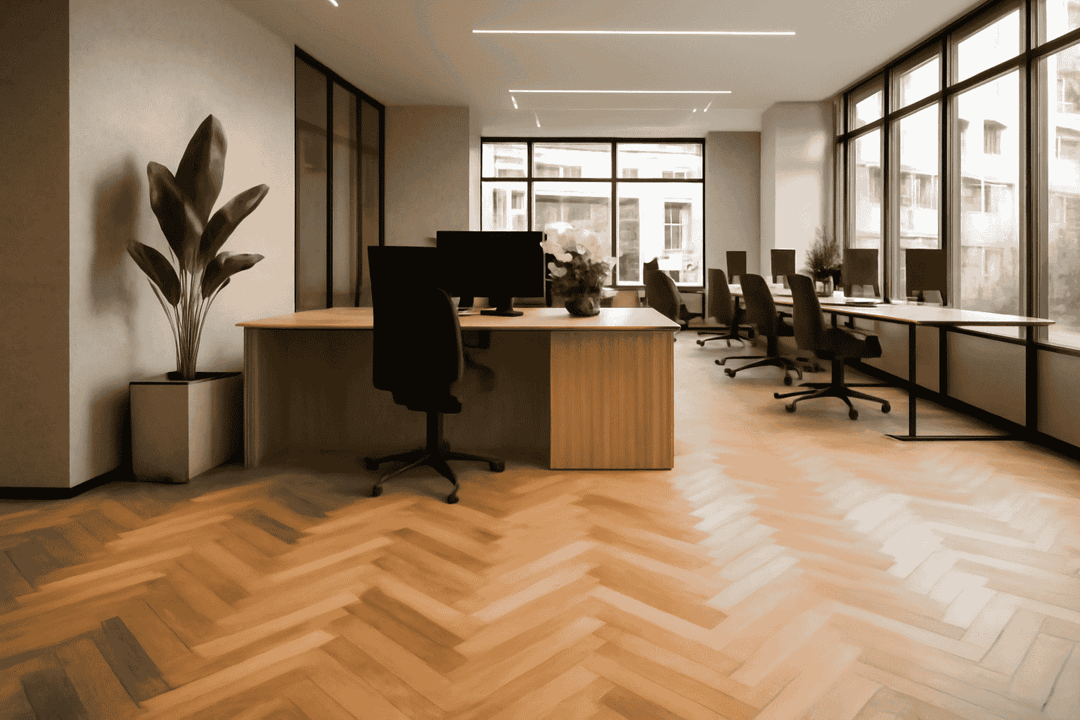 The large potted plant on the left side of the image, adding a touch of nature and warmth to the otherwise minimalist space.