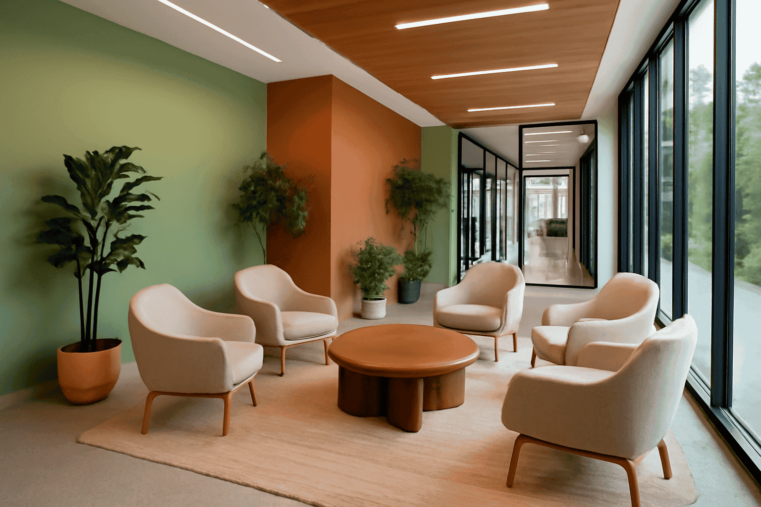 The diverse collection of potted plants of varying sizes and foliage, strategically placed to enhance the biophilic design and bring a sense of nature indoors.