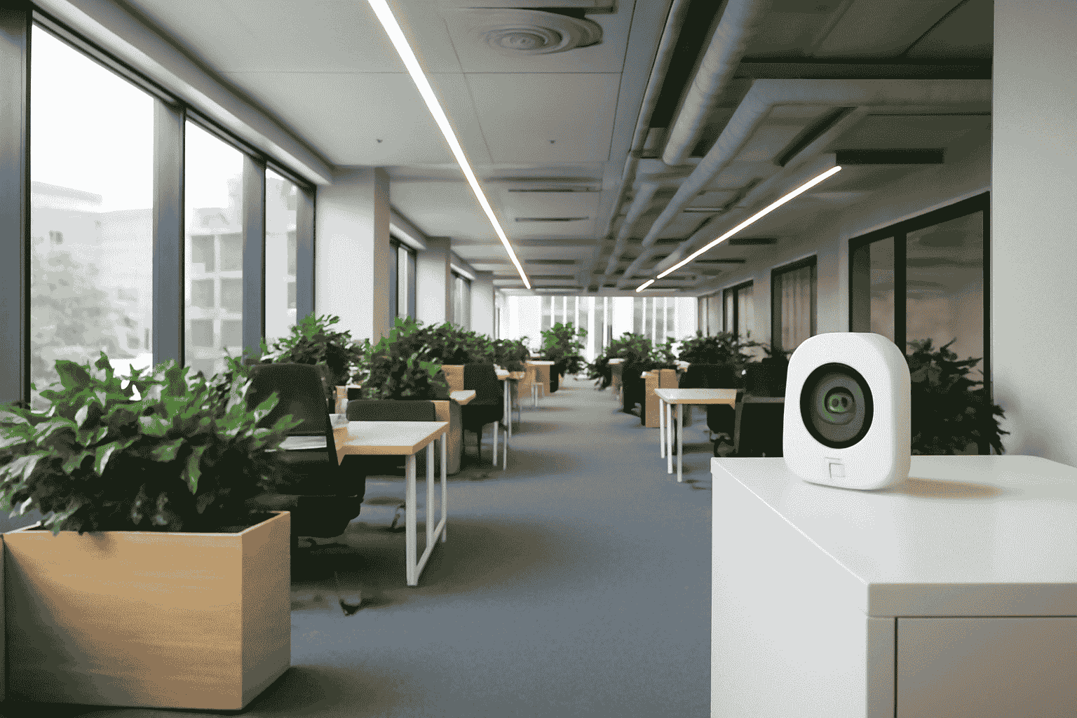 A modern, open-plan office meeting room with grey seating, light wood, and green plants