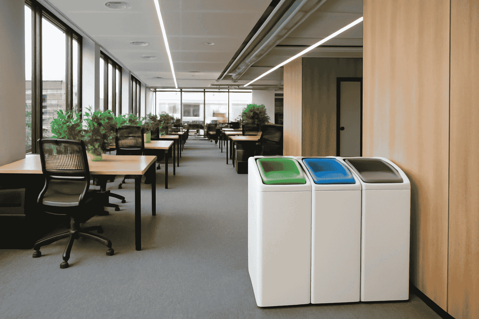 A set of three modern recycling bins with distinct coloured lids (green, blue, black) for waste separation, positioned prominently in the office
