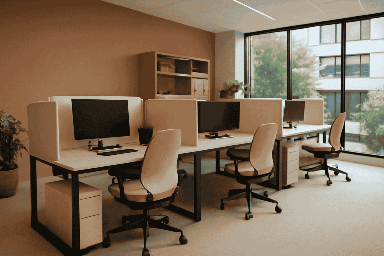 The modular desk system with integrated privacy screens, designed to create individual workstations within an open-plan environment while maintaining a cohesive aesthetic.