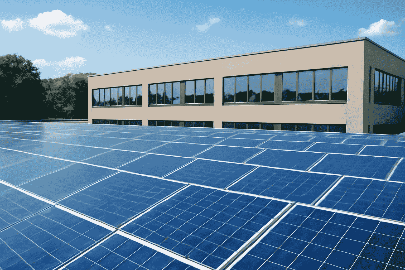 The extensive array of solar panels covering the rooftop, signifying the building's commitment to renewable energy and sustainable operation.