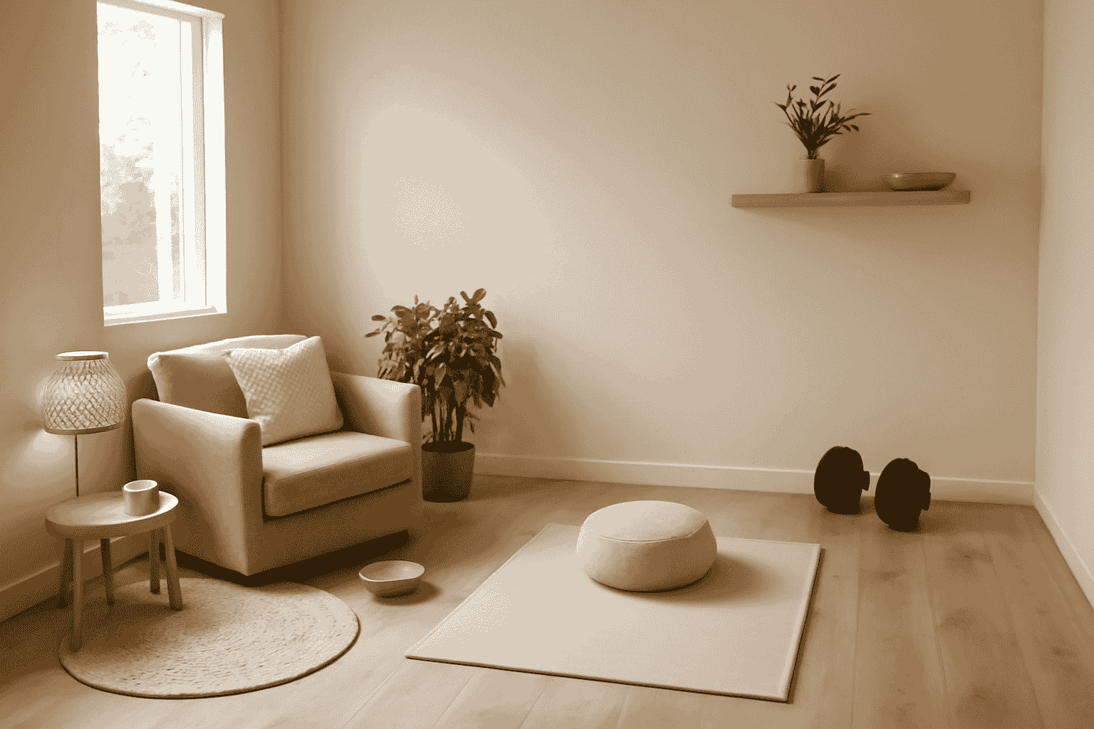A serene wellness room with neutral tones, featuring a cosy armchair, yoga mat, and plants