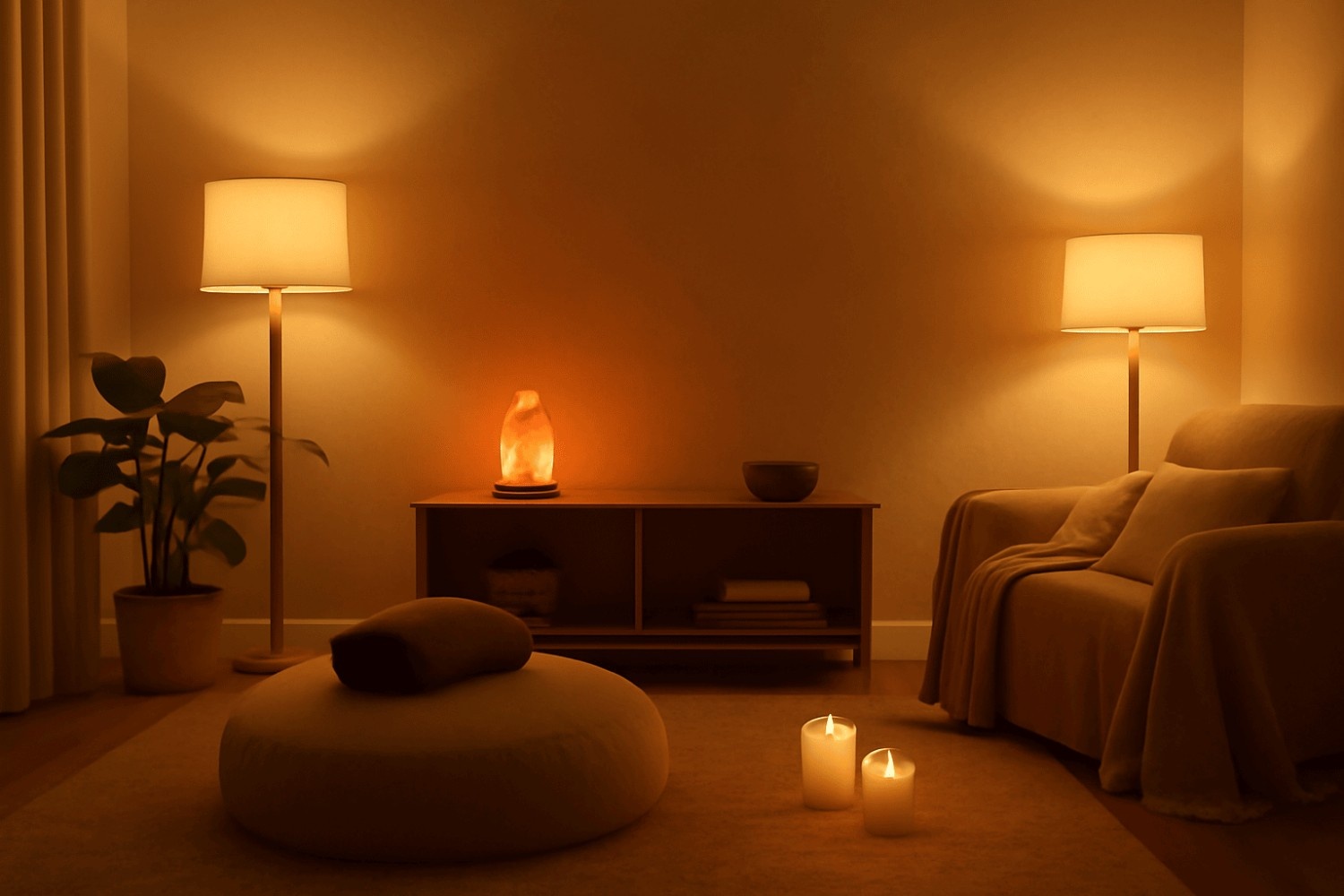 Wellness room with thoughtful lighting, warm hues, salt lamps, and cosy seating