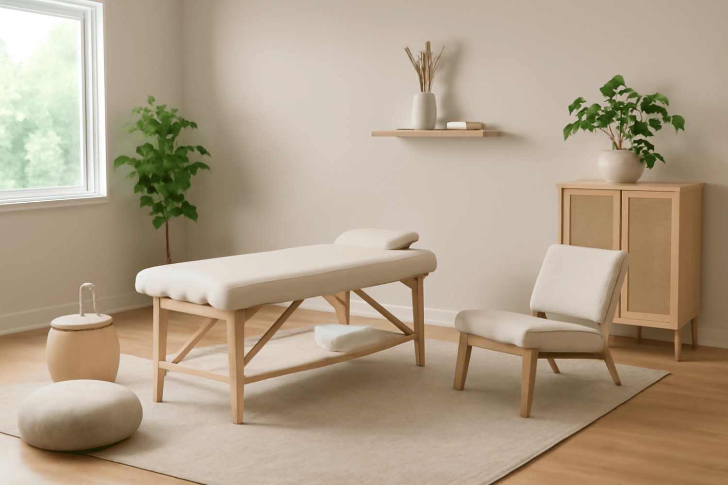 A minimalist wellness room design with neutral tones, highlighting a massage table and plants