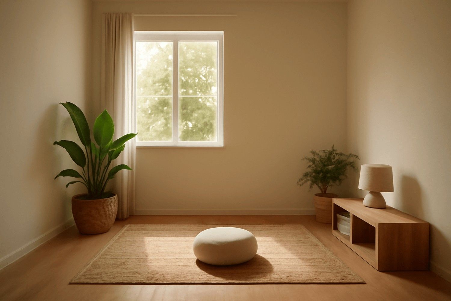 Serene meditation room design with neutral tones, natural light, beige cushion, and plants