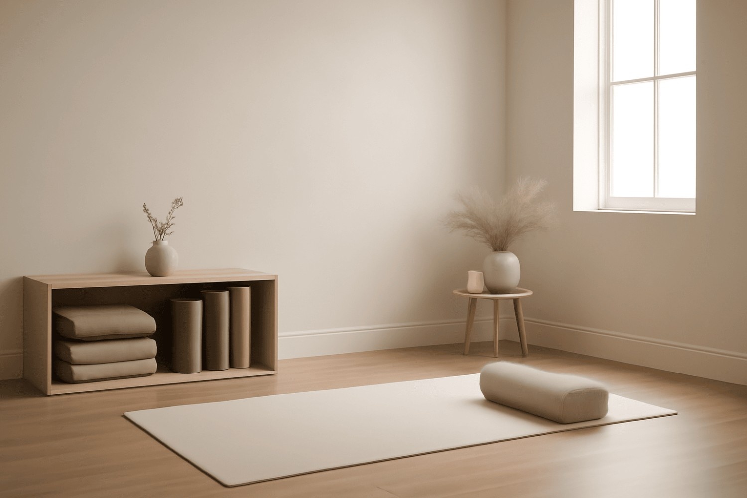 Minimalist wellness room with neutral tones, wooden furniture, soft yoga mat, and eucalyptus vase