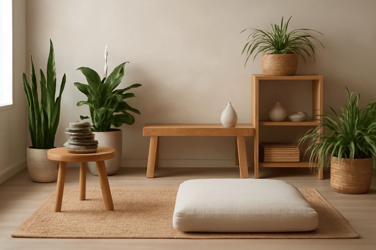 Serene wellness room design with natural elements, featuring wood accents, green plants, and soothing textures