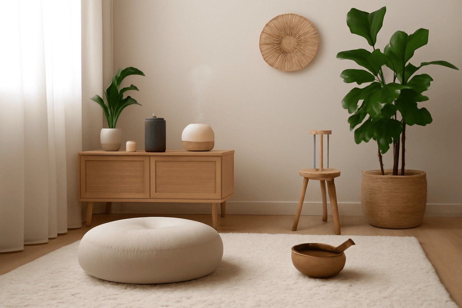 Serene wellness room design, neutral tones, essential oil diffuser, wooden singing bowl