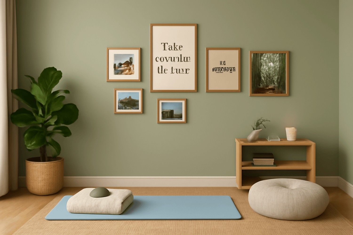 Calming wellness room design with sage green walls, personal photos, and floor cushions